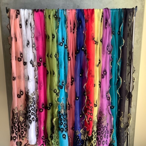 🌸 PURPLE PEACOCK EMBROIDERED SCARF LONG BOHO CHIC SHEER MULTIPURPOSE WRAP BIRD - Picture 2 of 4